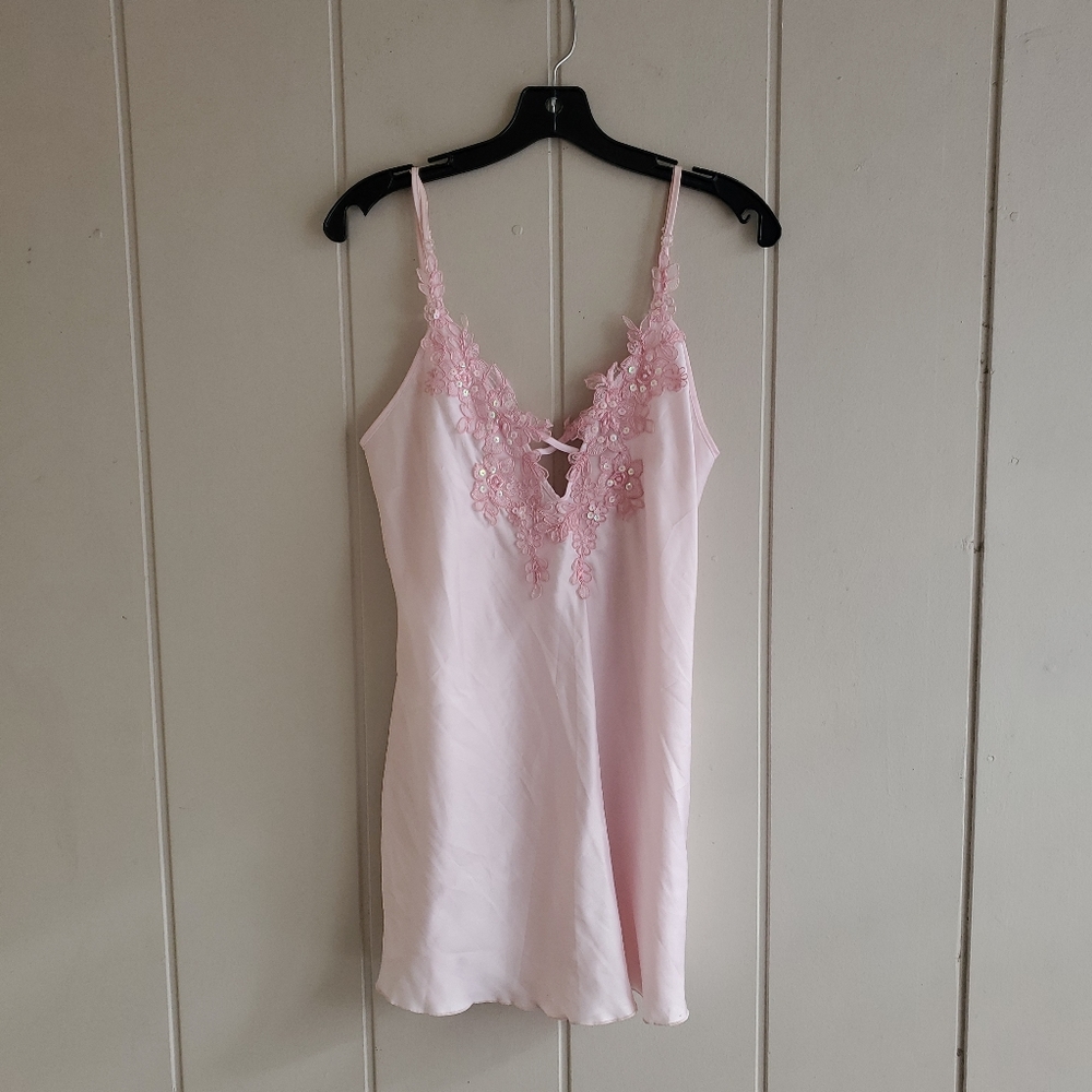 VTG Shirley of Hollywood Pink Satin Lace Chemise Slip Dress Applique Cottagecore